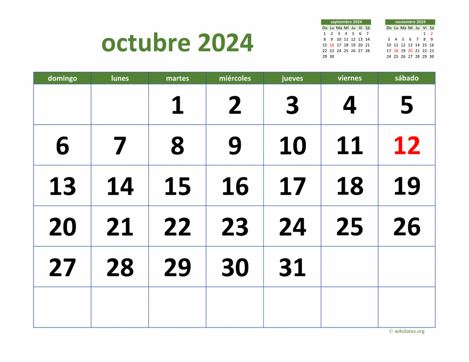 Calendario Octubre 2024 de México