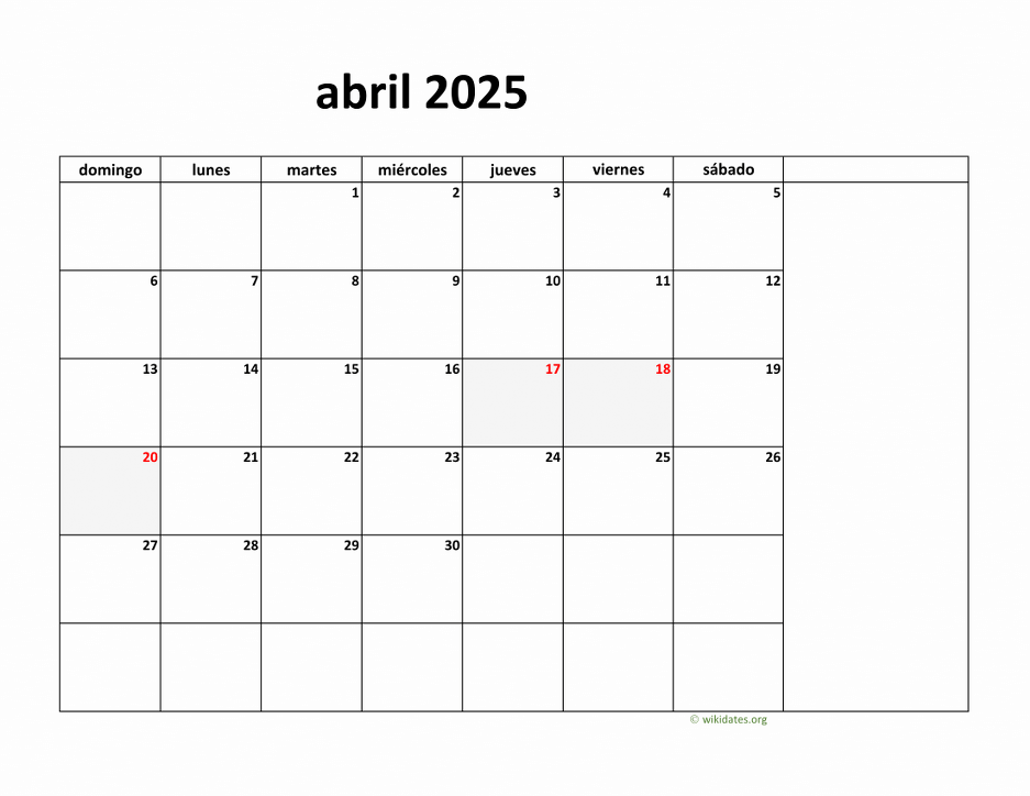 Calendario Abril 2025 de México