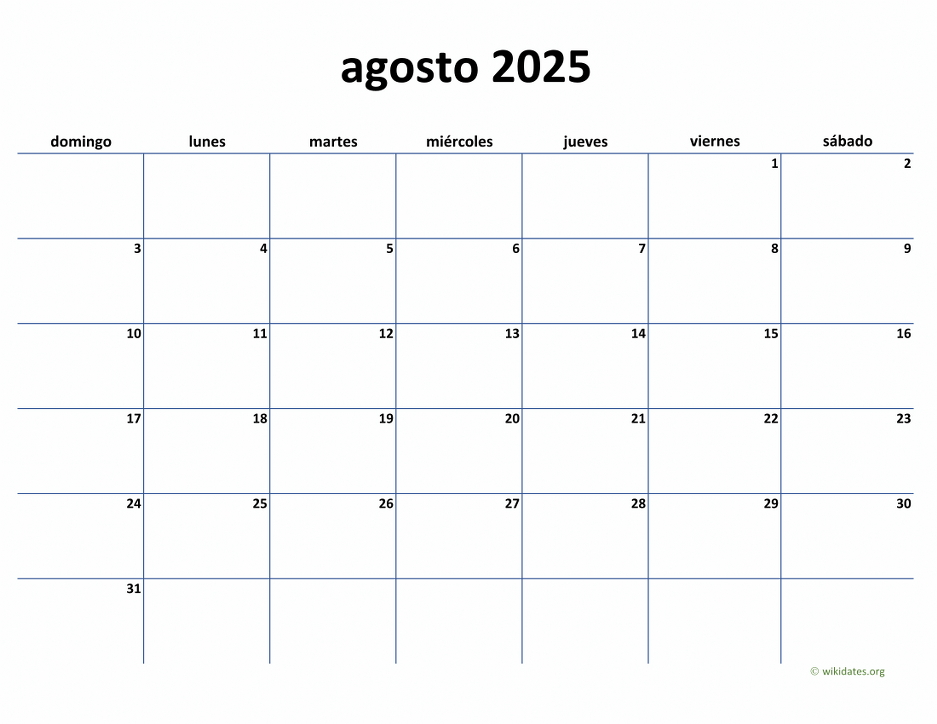 Calendario Agosto 2025 de México