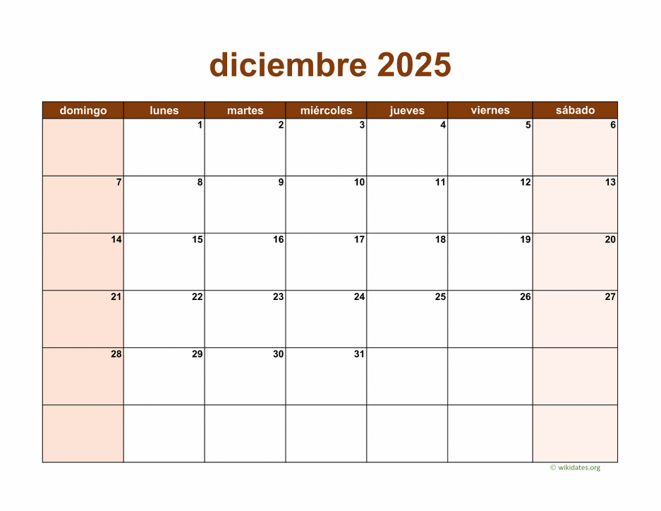 Calendario Diciembre 2025 de México