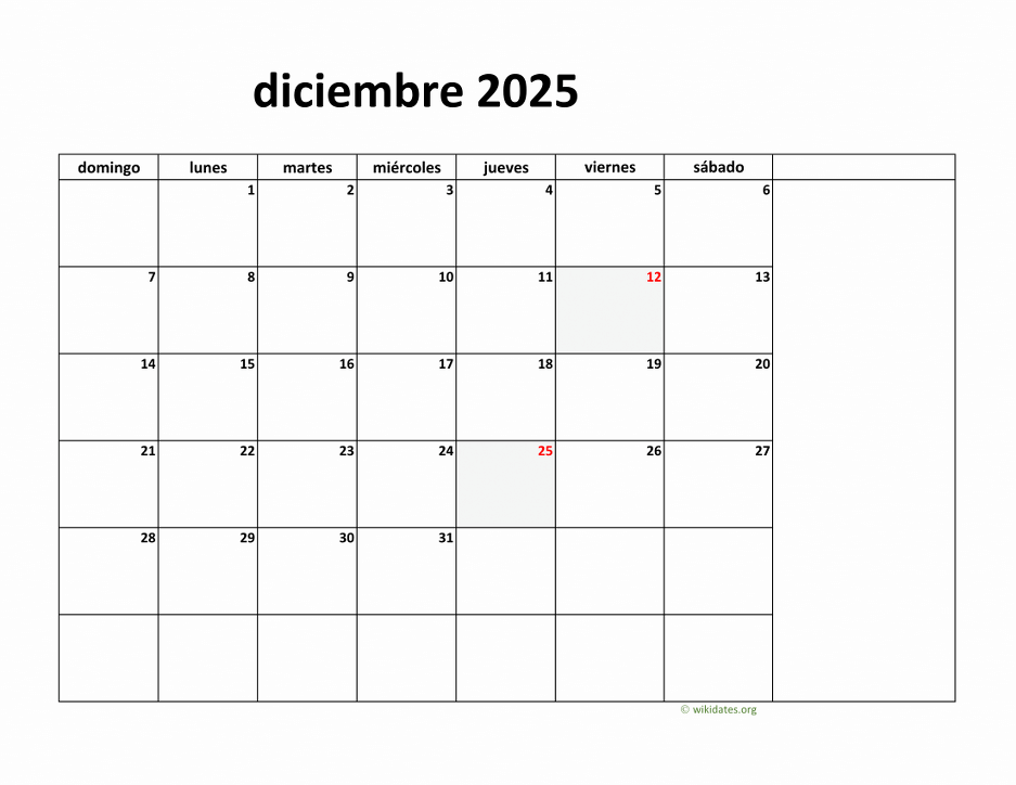 Calendario Diciembre 2025 de México