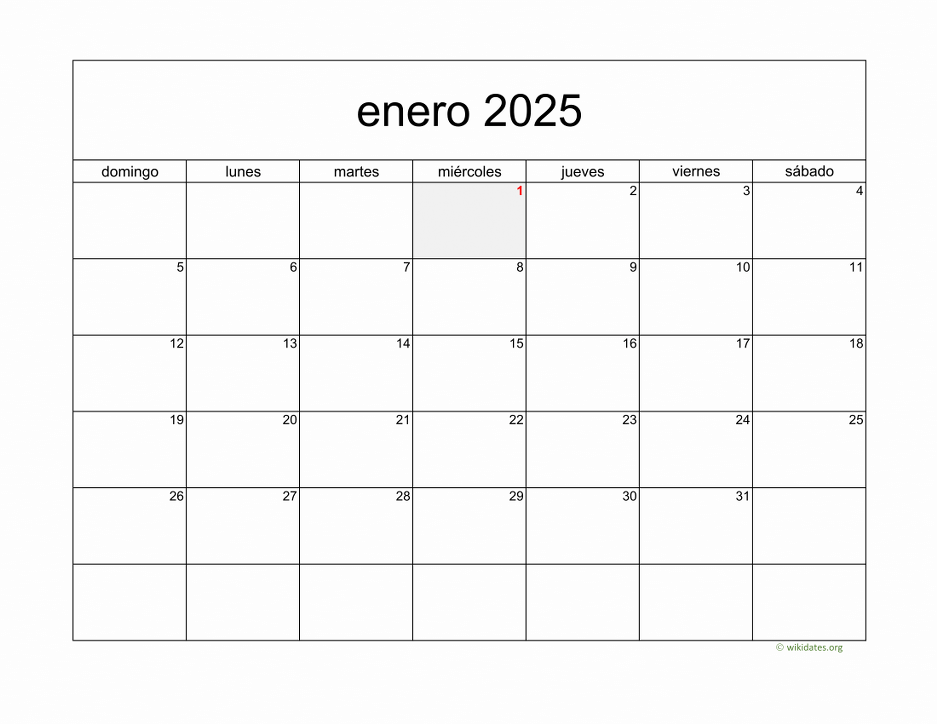 Calendario Enero 2025 de México