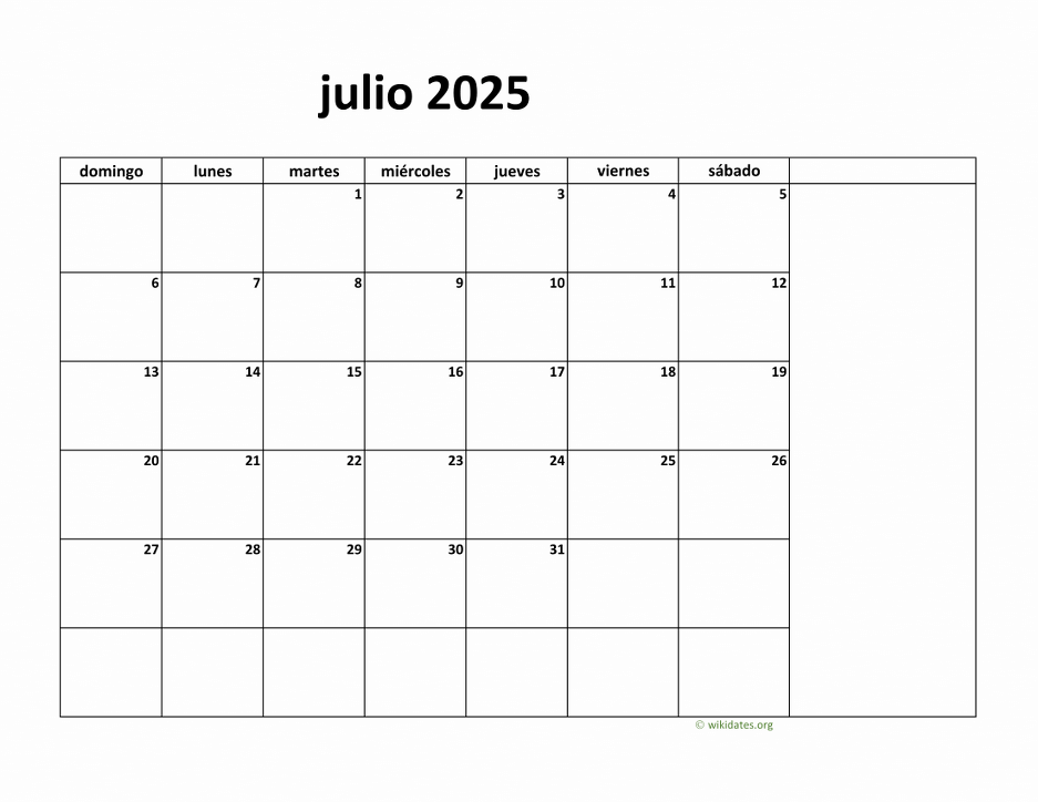 Calendario Mes Julio 2025 Para Imprimir