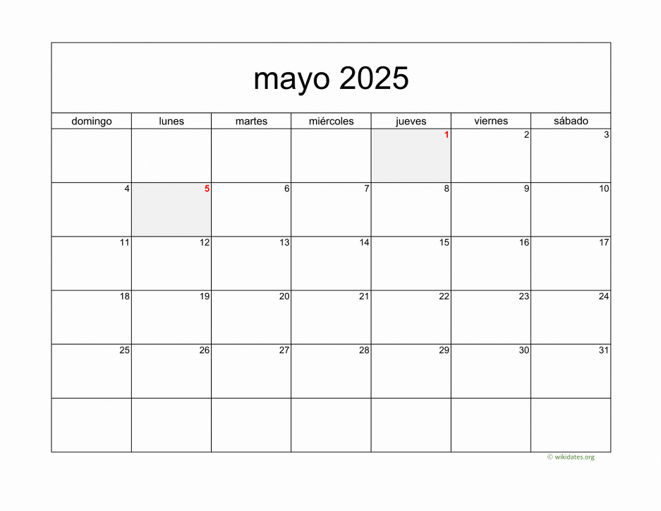 Calendario Mayo 2025 de México