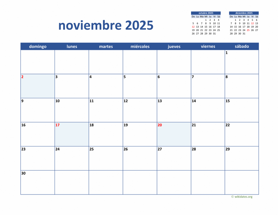 Calendario Noviembre 2025 de México