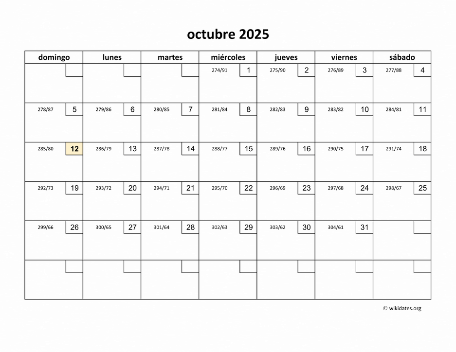 Calendario Octubre 2025 de México