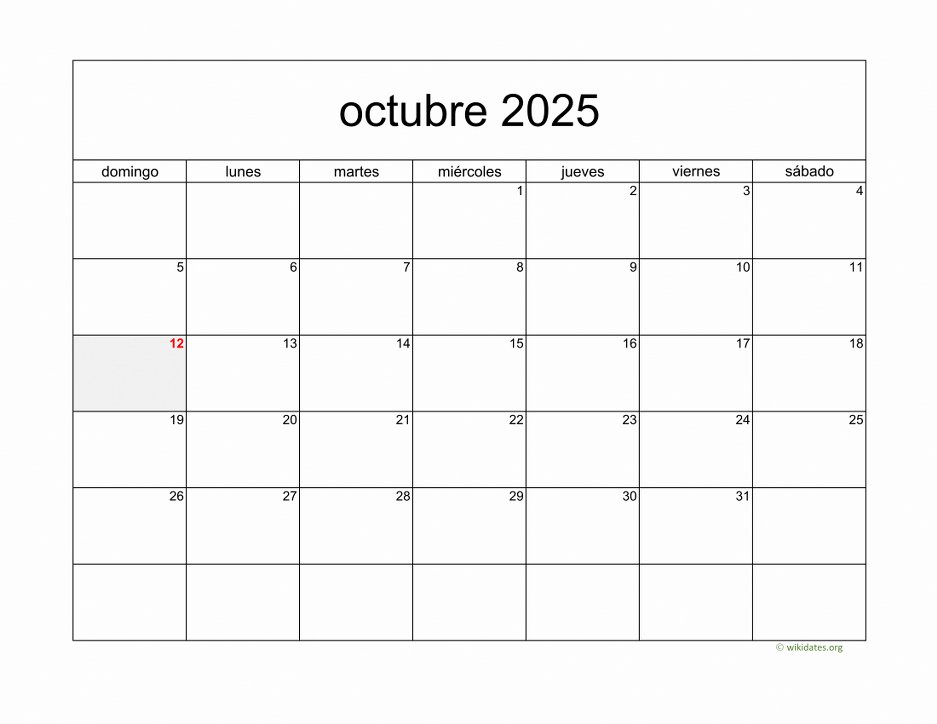 Calendario Octubre 2025 de México