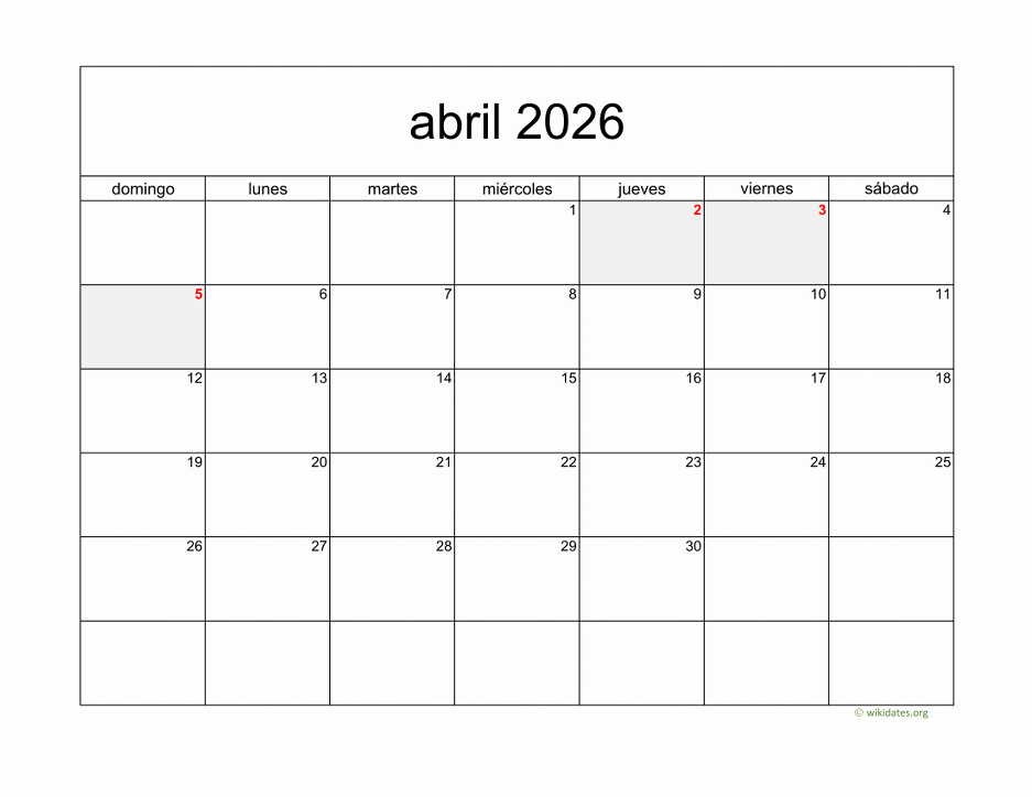 Calendario Abril 2026 de México Calendario Abril 2026 de México