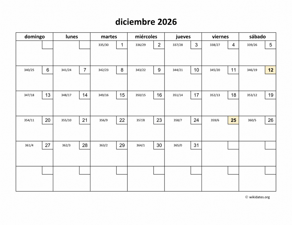 Calendario Diciembre 2026 de México