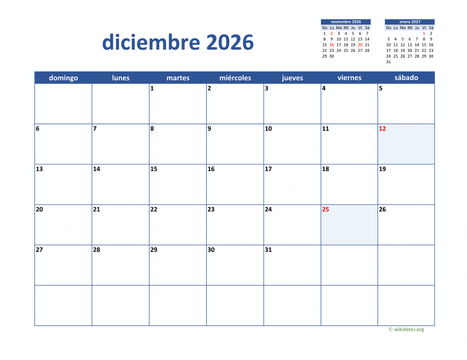 Calendario Diciembre 2026 de México