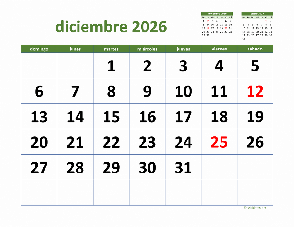 Calendario Diciembre 2026 de México