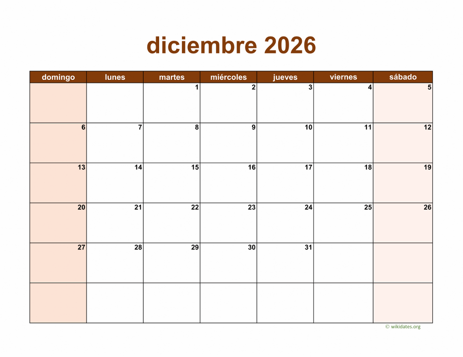 Calendario Diciembre 2026 de México