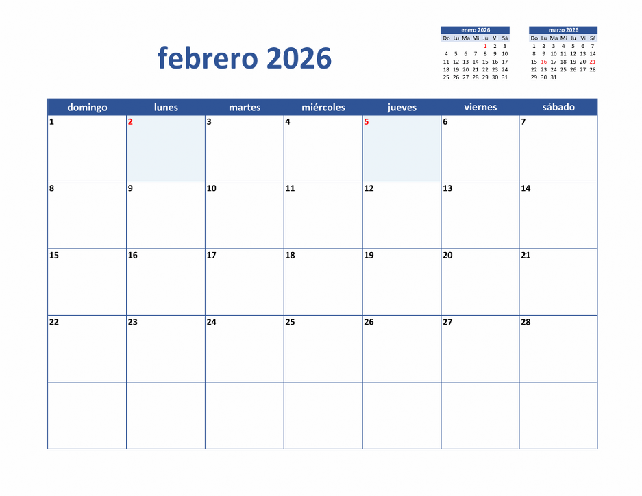 Calendario Febrero 2026 de México