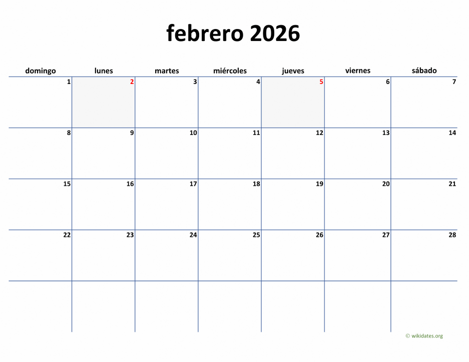 Calendario Febrero 2026 de México