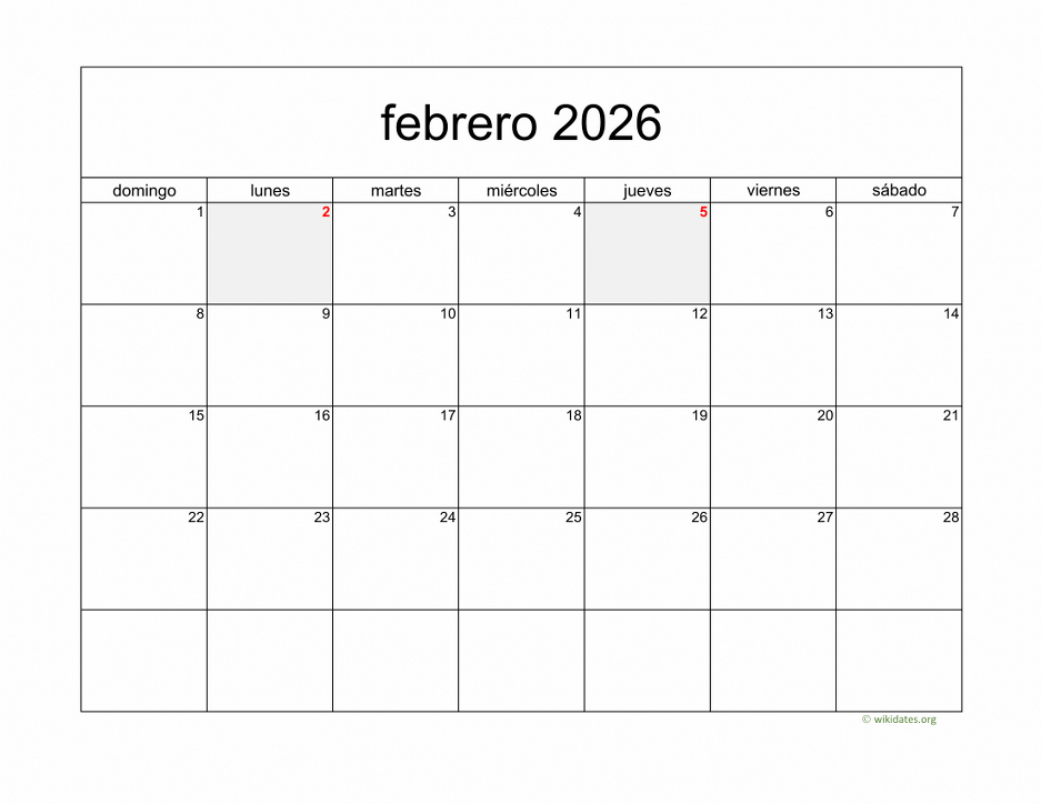 Calendario Febrero 2026 de México
