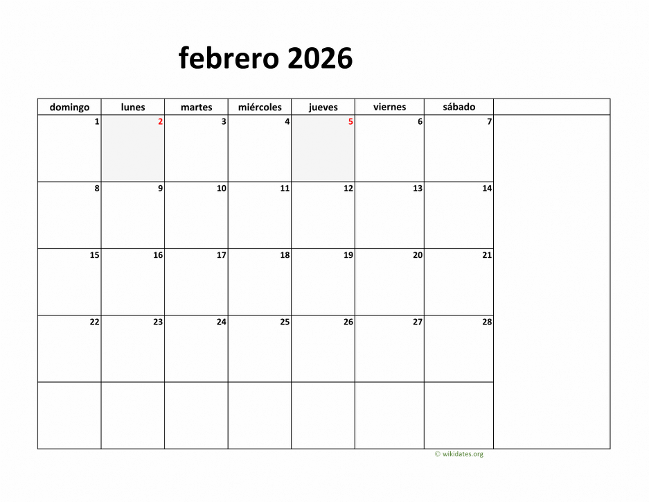 Calendario Febrero 2026 de México Calendario Febrero 2026 de México