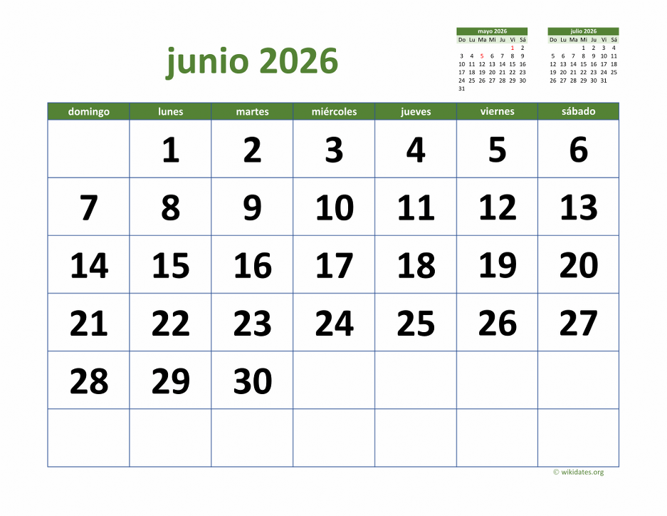Calendario Junio 2026 de México