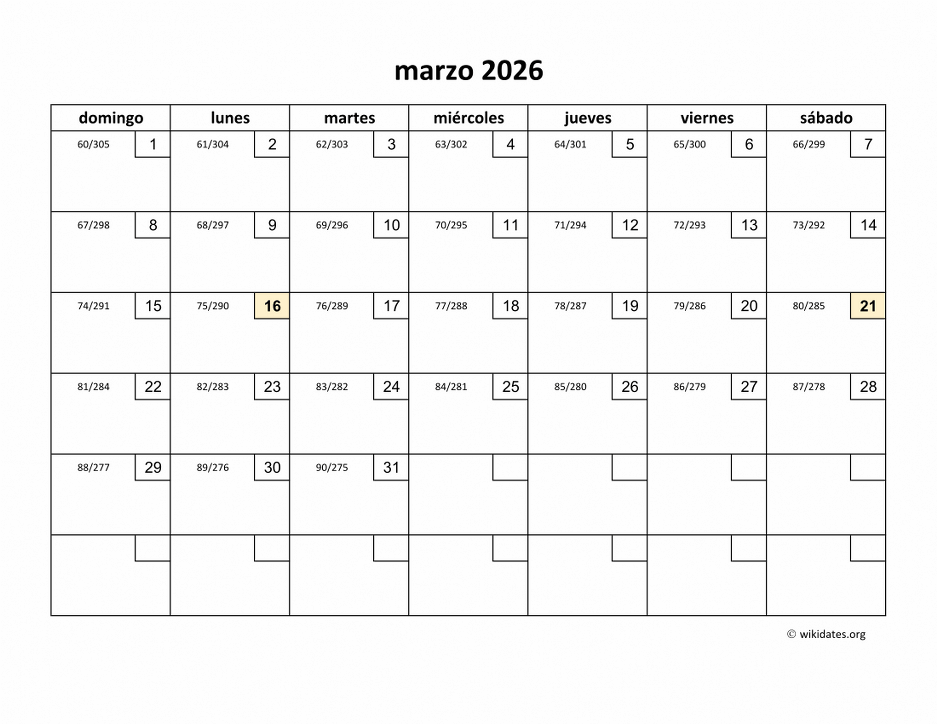 Calendario Marzo 2026 de México