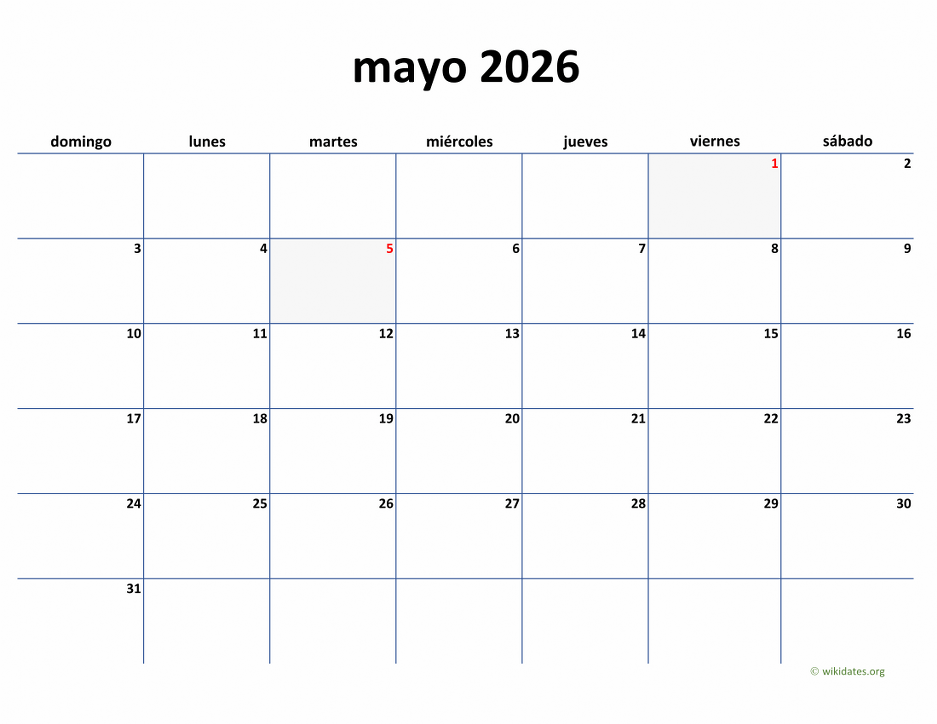 Calendario Mayo 2026 de México