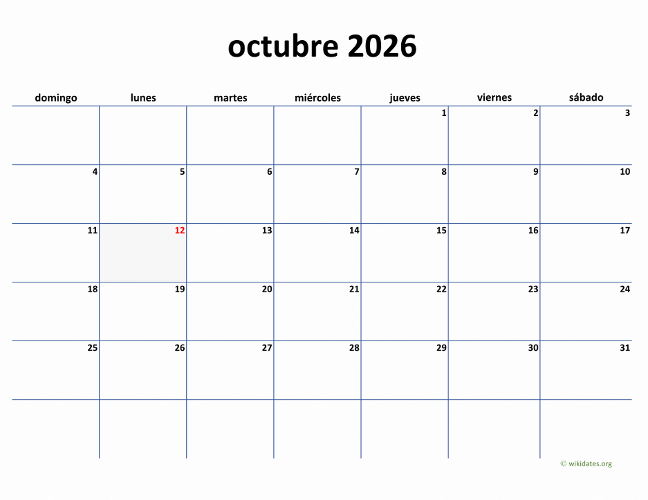 Calendario Octubre 2026 de México