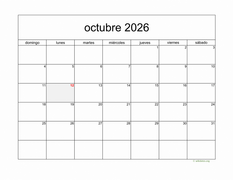 Calendario Octubre 2026 de México