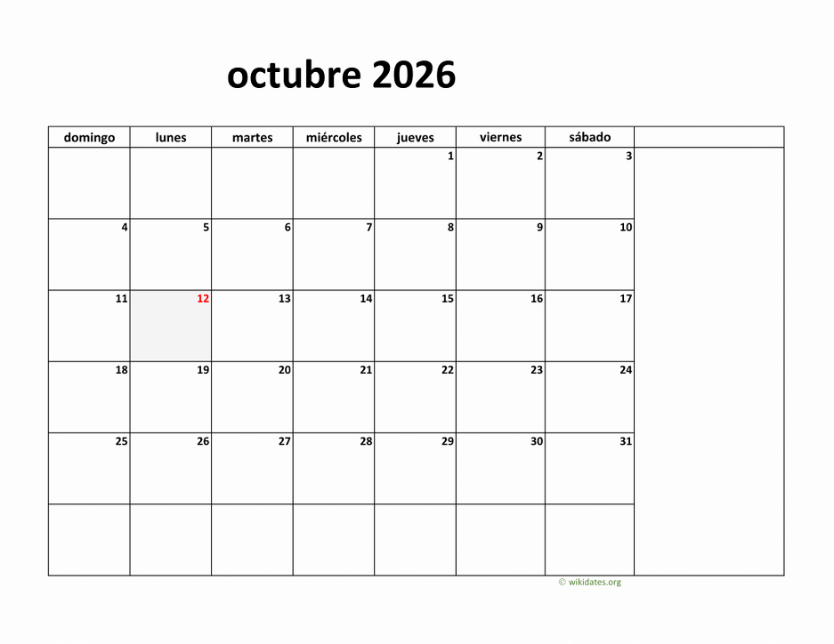 Calendario Octubre 2026 de México