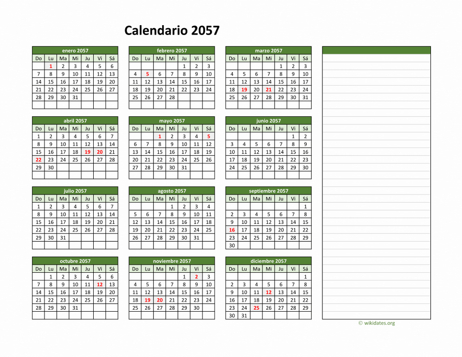 Calendario de México del 2057 con los días festivos | WikiDates.org