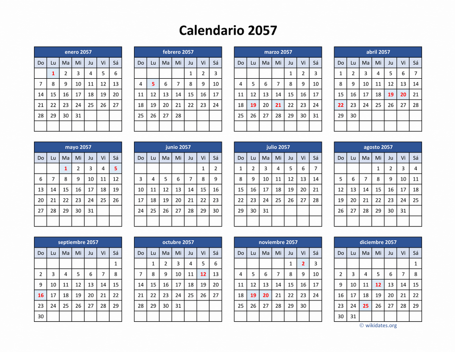 Calendario de México del 2057 con los días festivos | WikiDates.org