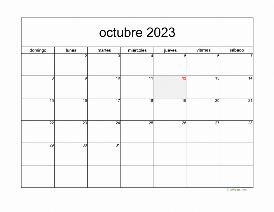 Calendario Octubre 2023 de México