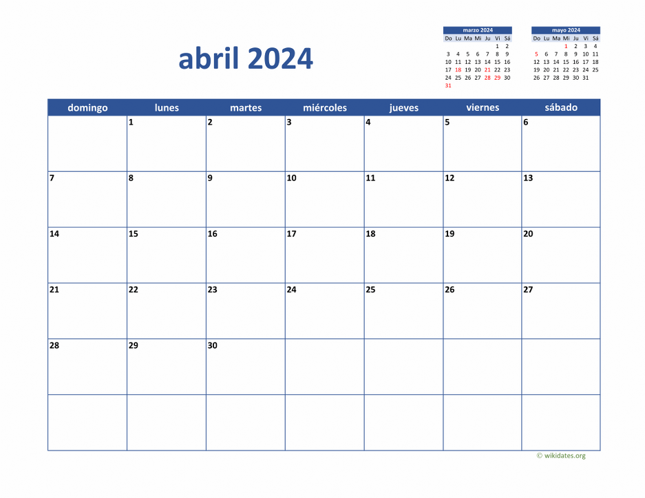 Calendario Abril 2024 de México