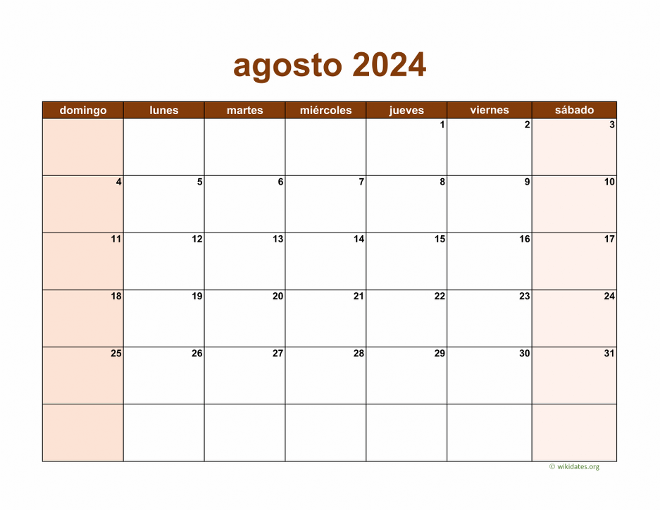 Calendario Agosto 2024 de México