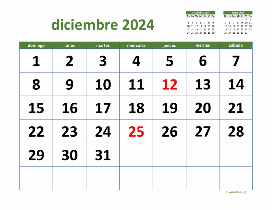 Calendario Diciembre 2024 de México