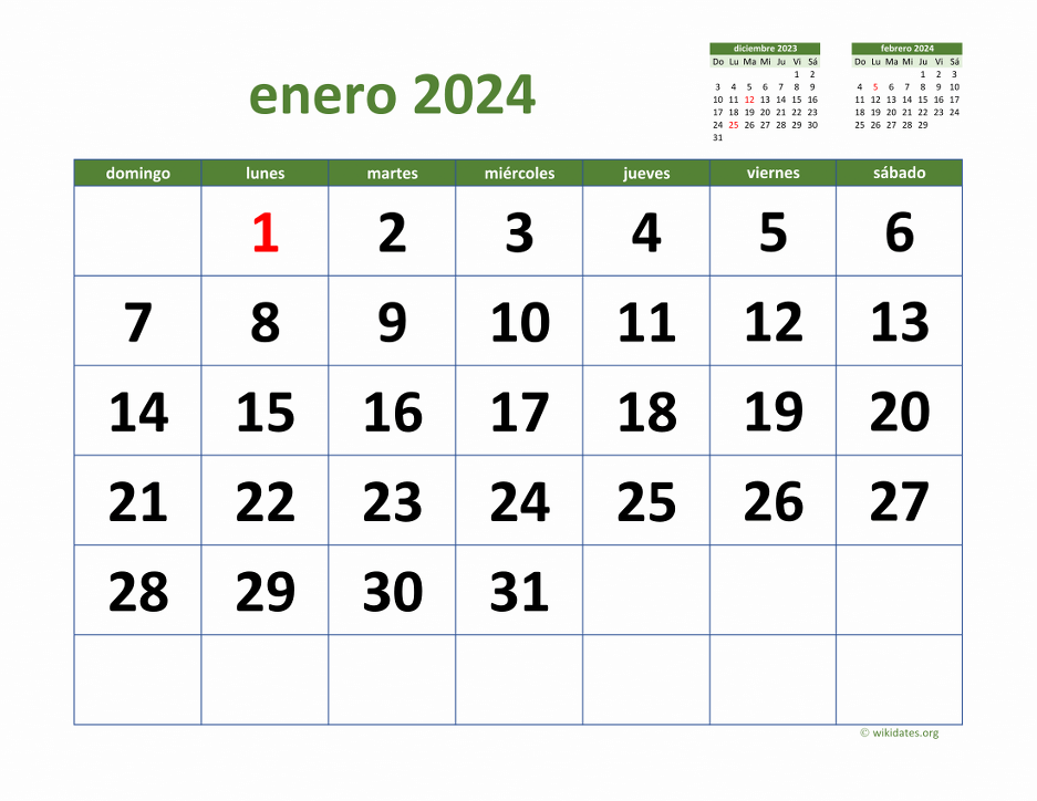 Calendario Enero 2024 de México