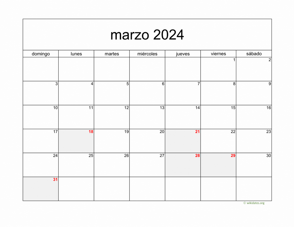 Calendario Marzo 2024 de México