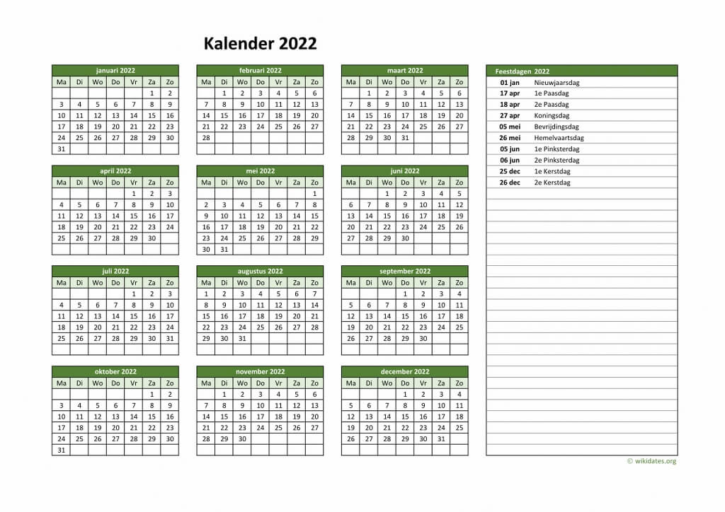 Kalender 2022 Niederlande Feiertagen Wikidates.org