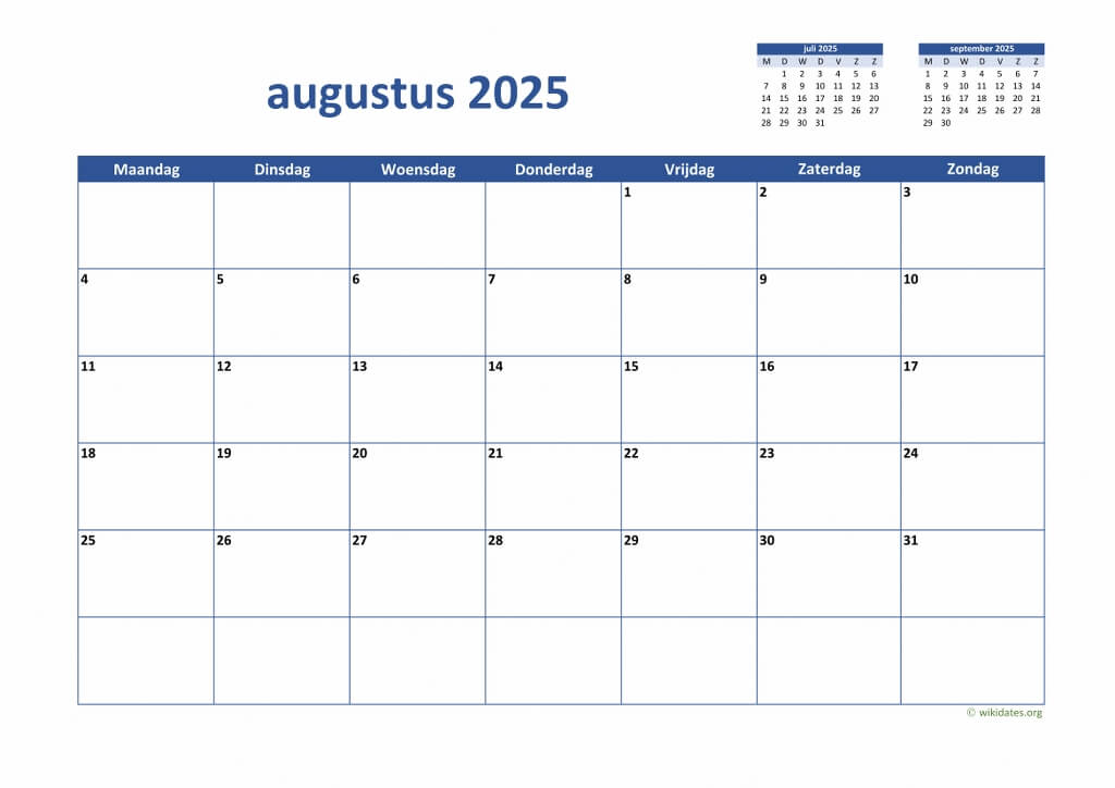 Kalender Augustus 2025 Niederlande