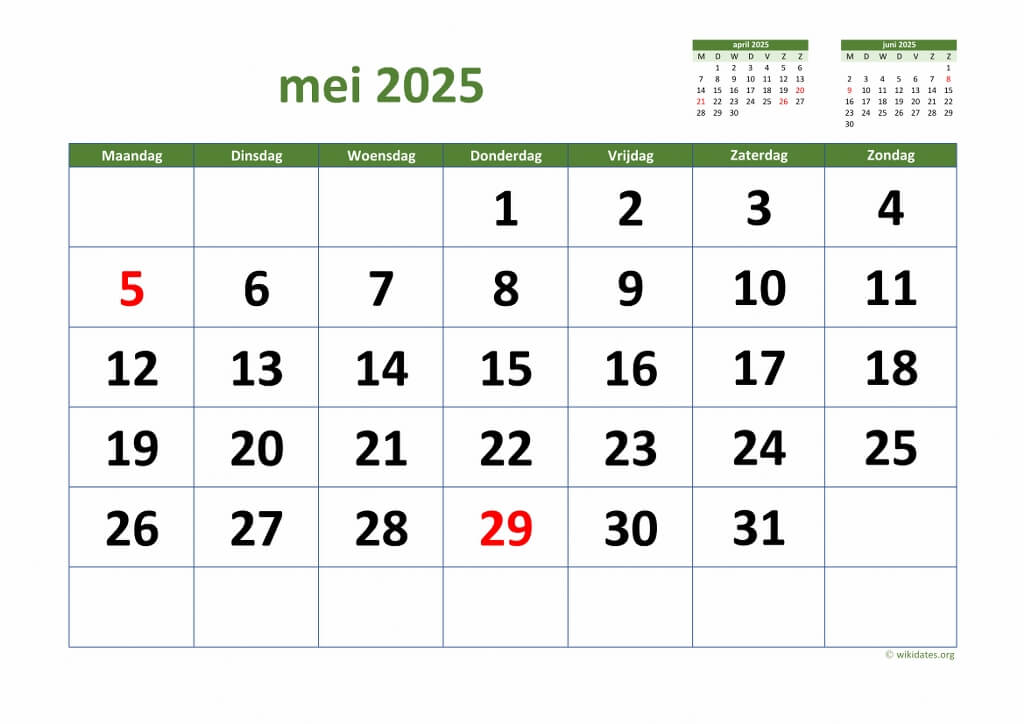 Kalender Mei 2025 Niederlande