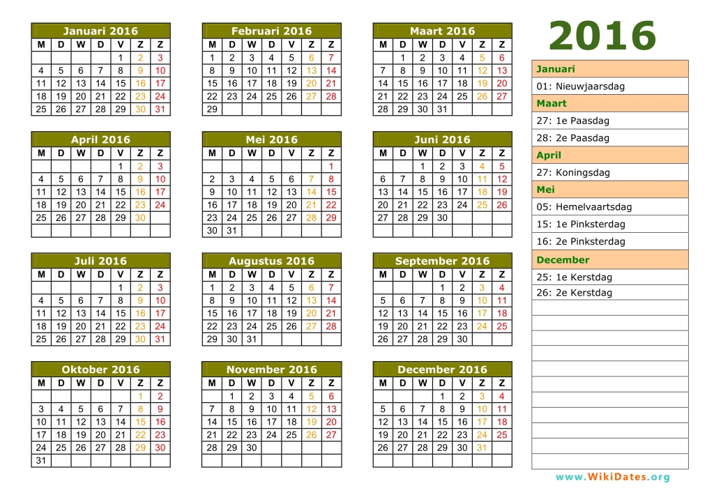 Jaarkalender Nederland calendaryearlycom