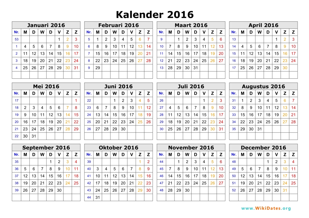 Online kalenders met feestdagen en weeknummers PDF