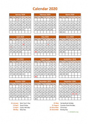 Calendar 2020 for UK 07