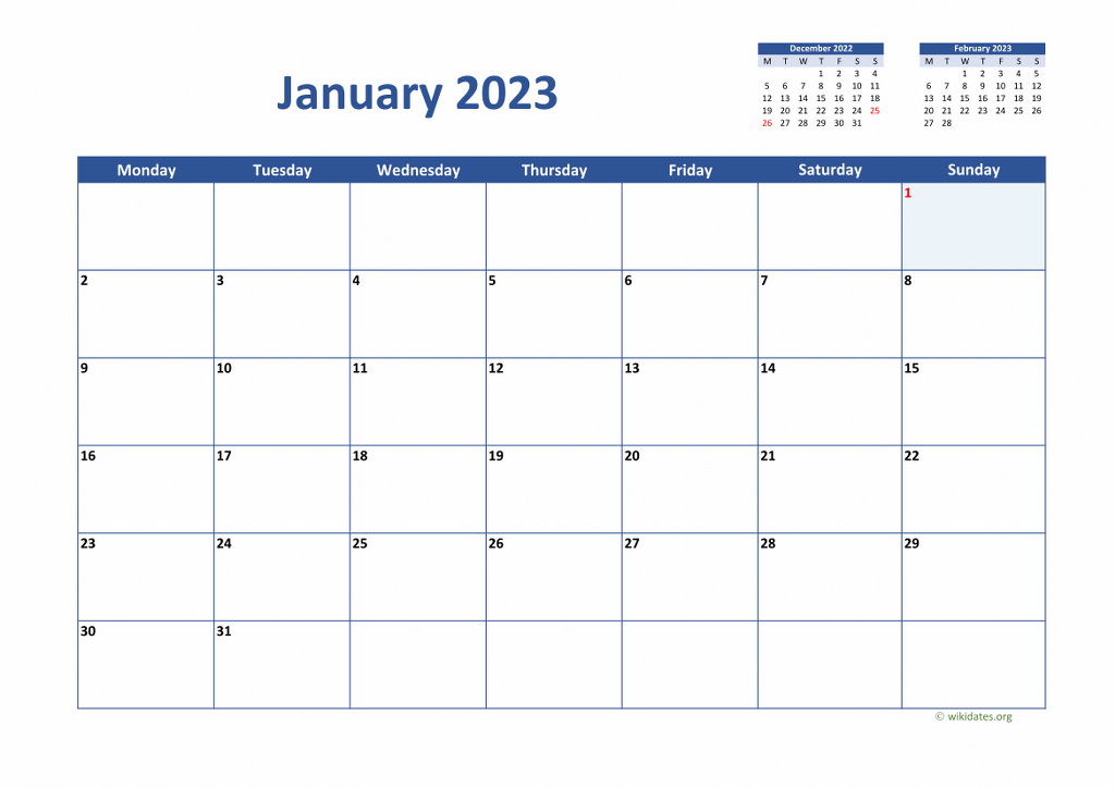 Calendar January 2023 United Kingdom