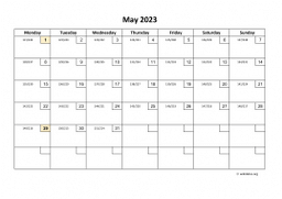 Calendar May 2023 for UK 01