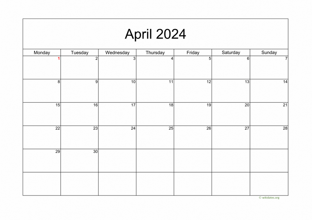 Calendar April 2024 United Kingdom
