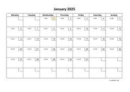 Calendar January 2025 for UK 01