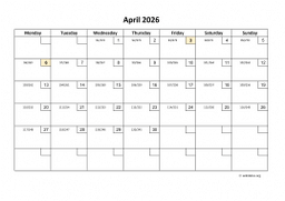 Calendar April 2026 for UK 01