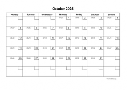 Calendar October 2026 for UK 01
