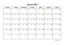 Calendar January 2027 for UK 01