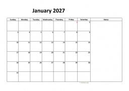 Calendar January 2027 for UK 08
