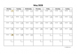 Calendar May 2028 for UK 01