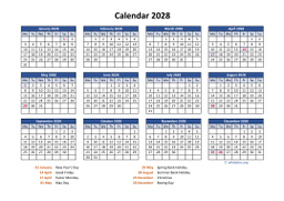 Calendar 2028 for UK 05